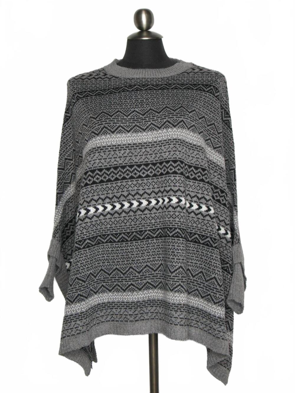 NEW PAPILLON women's fairisle knit poncho style sweater in grey